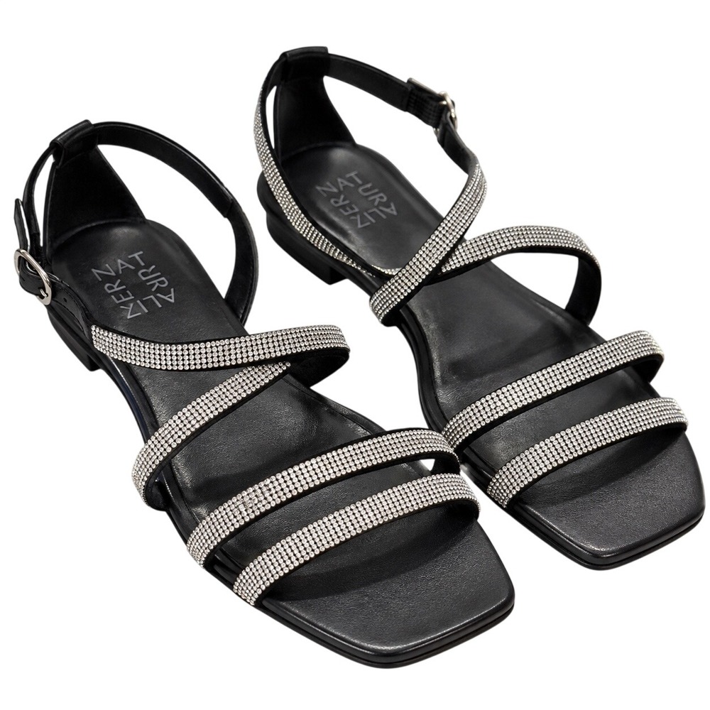Naturalizer Black Rhinestone Strappy Flat Sandals Size 7.5 M Sparkle Evening